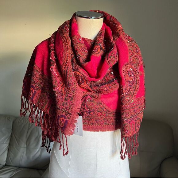 NEW Heirloom Anna Pashmina Shawl Pure Wool Beaded Sequined Embroidered Dark Red - Picture 16 of 16